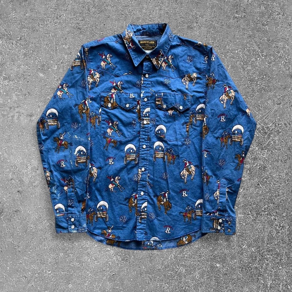 Vintage Wrangler Rustler Mens Pearl Snap Cowboy Print Western Shirt Blue XL
